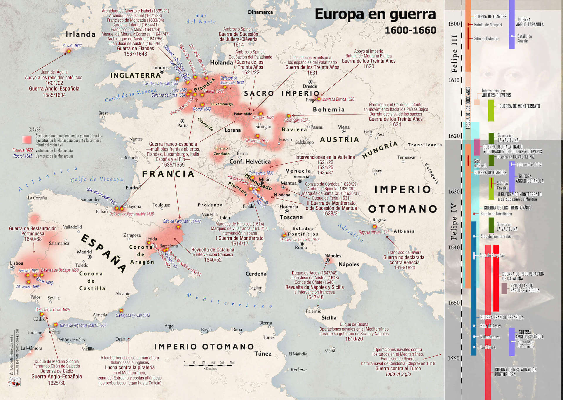 Mapa Europa 1600-1660 guerra treinta años flandes franco-española
